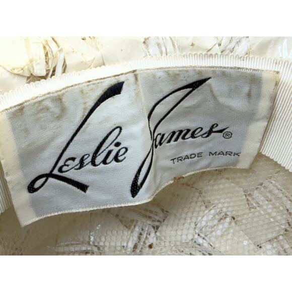 Vintage 60s Leslie James Straw Wide Brim Floral Lace Sun Hat Cream main image 5